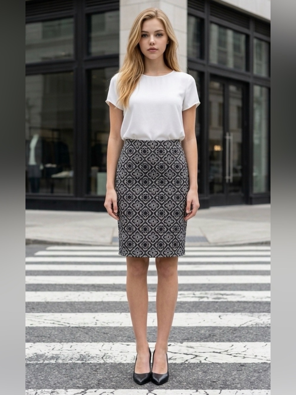 Zara Monochrome Geometric Pencil Skirt